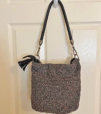 THE SAK Crochet Knit Brown Black Silver Bag Purse Tote Braided Handle