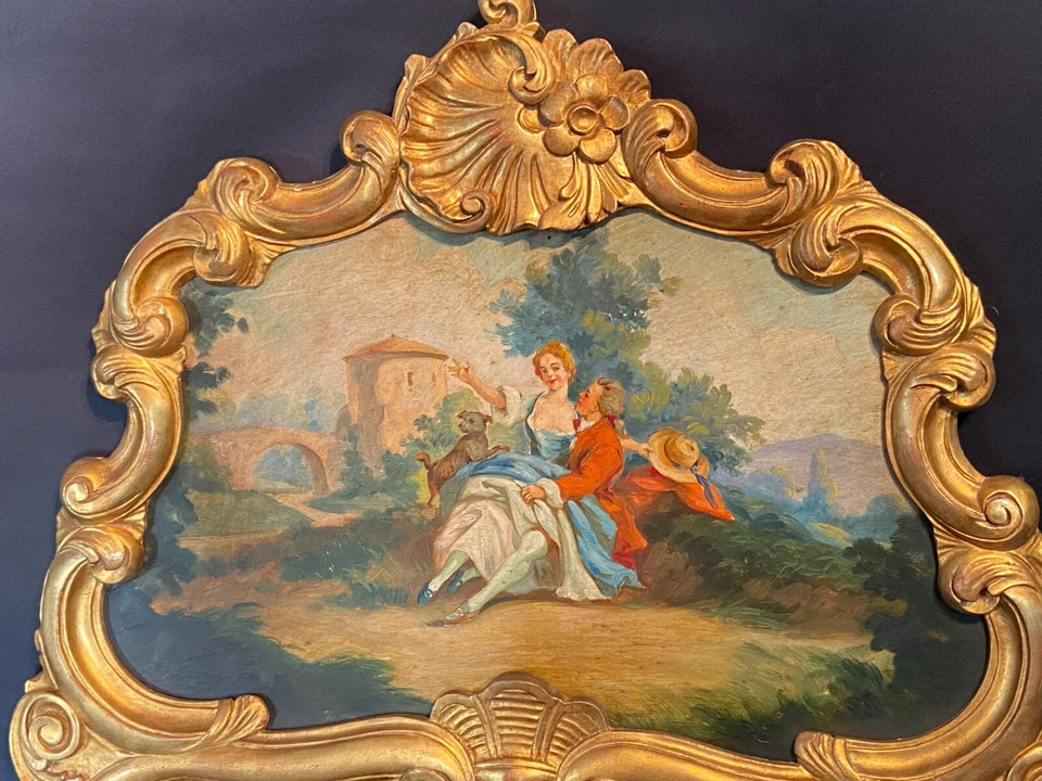 Miroir de cheminée trumeau bois doré tableau scène galante style Louis XV - Photo 2/4