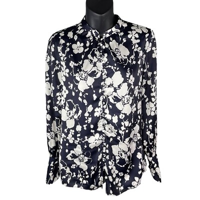 Floral Joie Tariana Satin Button Up Blouse Flare Wrist Women s XXS White Blue