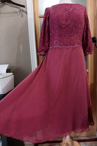 Event Dress A-Line Wine Sz 14 Applique 3/4 Slv Chiffon Hebeos Prom New Years NWT - 第 2/17 張圖片