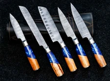 Japanese Damascus Chef Knife Set 5 Pcs Resin Blue Handle With Leather Sheath