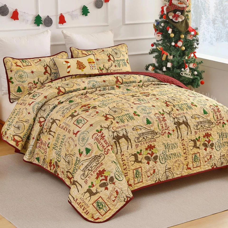 Juego de edredón de Navidad tamaño king, marrón Feliz Navidad juego de cama con trineo de ciervos Foto 2 de 4