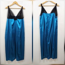 Amoureuse Jewel Tone Teal Black Satin Lace Slip Dress Full Nightgown Plus 1X