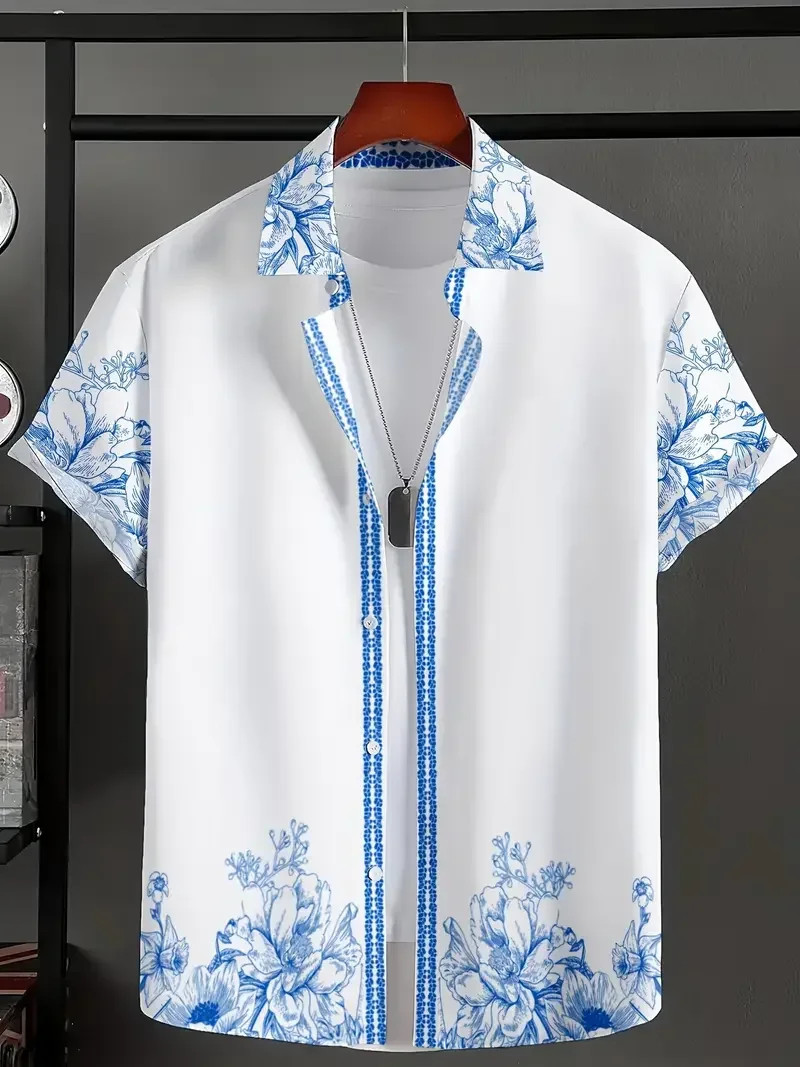 Button Down Shirt Men Summer Hawaiian Vintage Floral Mens Short Sleeve Shirt-image