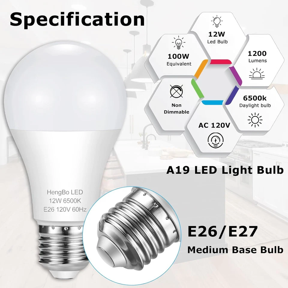 Light Bulbs 100 Watt Equivalent, 6500K Daylight 1200LM White 100we26-4p  - Image 2 of 4