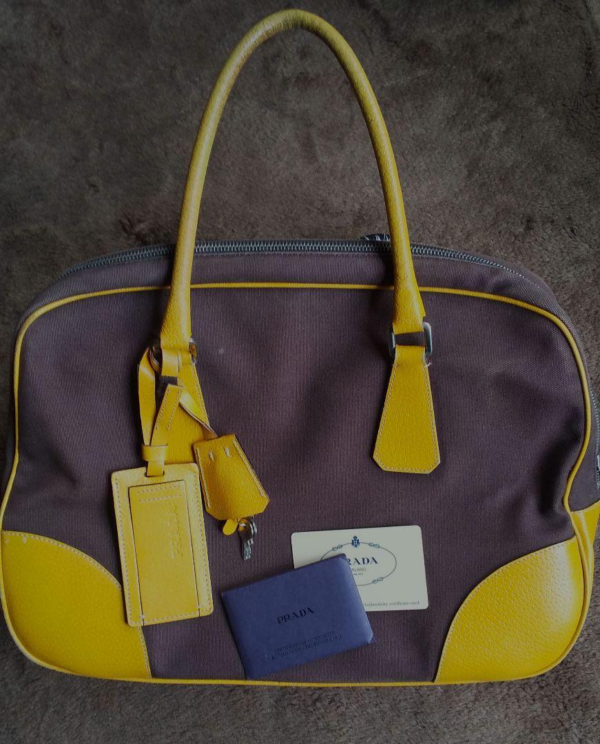 PRADA Canvas Leather Mini Boston Bag Auth Brown Yellow Medium 