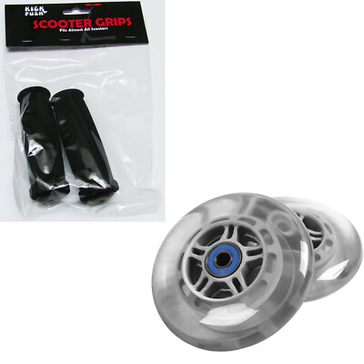 CLEAR Replacement Razor Scooter WHEELS, ABEC 7 BEARINGS, BLACK GRIPS