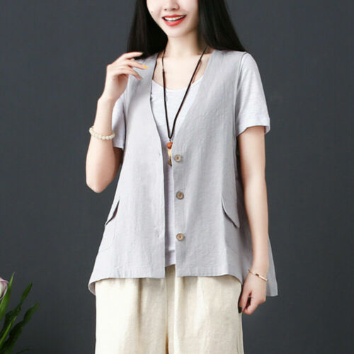 Womens Linen Vest Top Waistcoat Gilet V Neck Sleeveless Jacket Pocket Loose - Picture 14 of 16