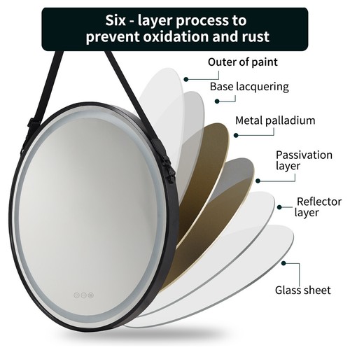 Round Led Bathroom Mirror Leather Strap Dimmable Defog Waterproof Vanity Mirror - Picture 10 of 14