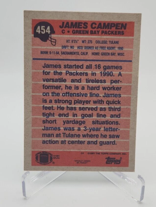 James Campen - 1991 - Topps - Green Bay Packers - #454 - Image 2 of 2