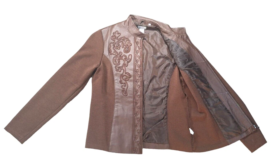 Stonebridge Chaqueta Suéter de Cuero y Tejido para Mujer GRANDE Mangas Tejidas Cremallera Marrón Foto 3 de 4