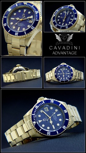 Taucher Cavadini AUTOMATIK Herrenuhr 30 BAR Edelstahl Vergoldet Lupe Blau - Picture 2 of 2