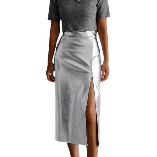 Sexy Lady Shiny Silver Faux Leather Skirt High Split Punk Club Bodycon Modern