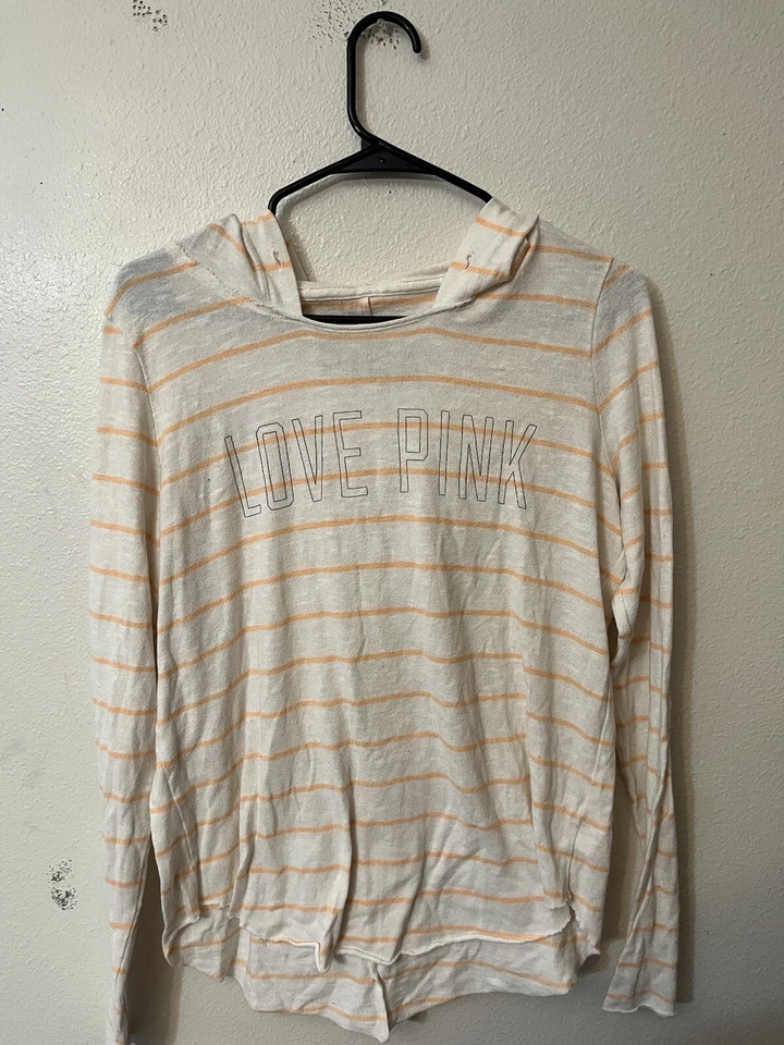 Victoria's Secret ROSA Blanco Naranja Rayas Ligero Sudadera con Capucha Camiseta Talla Pequeña Foto 2 de 4