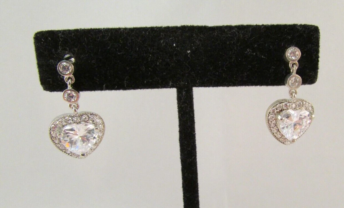 FAS 925 Sterling Silver Heart CZ Dangle Drop Earrings JTV eBay