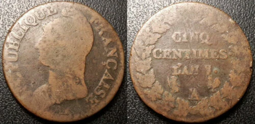 Pièces de monnaie françaises de 5 centimes en bronze qualité TB sur Marianne