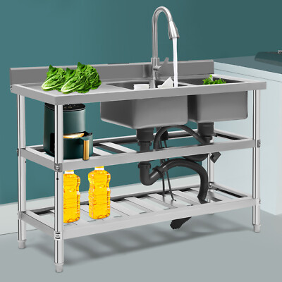 3 Tier Commercial Restaurant Sink Stainless Steel kitchen Sink W/Faucet 2 Sinks