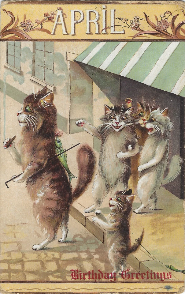 De Colección Gatos Antropomórficos ABRIL Fool Prank Boulanger Cumpleaños PC Indiviso c1907 Foto 2 de 4