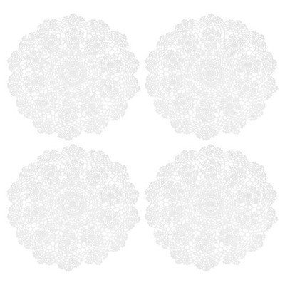 4Pcs Handmade Crochet Placemats, 16inch Round Retro Table Mat Sunflower, White
