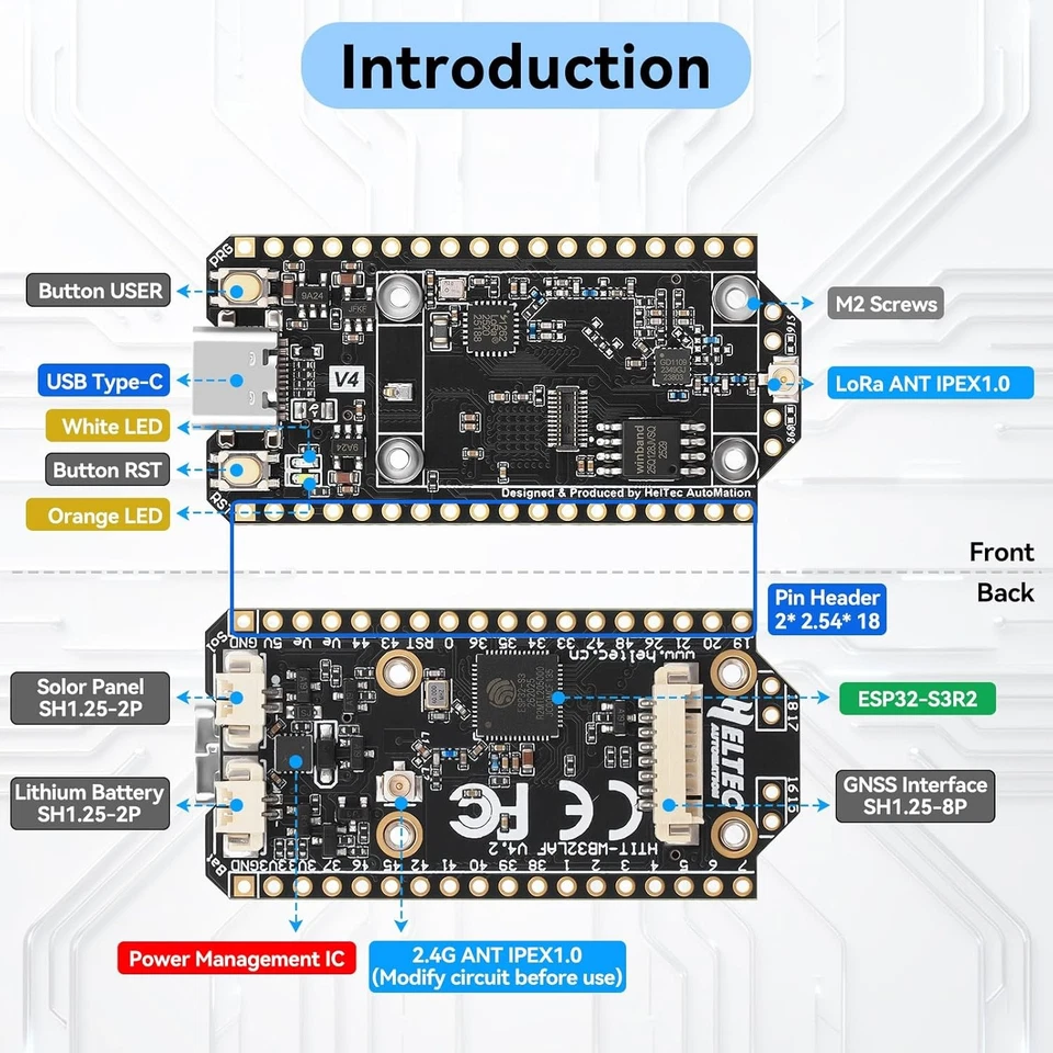 Scheda di sviluppo ESP32 LoRa V4 WiFi Bluetooth GPS e solare per Arduino LoRaWAN - Immagine 4 di 4