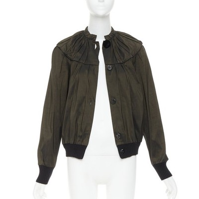 LANVIN 2006 olive green silk blend ruched rib contrast blouse overshirt FR36 S