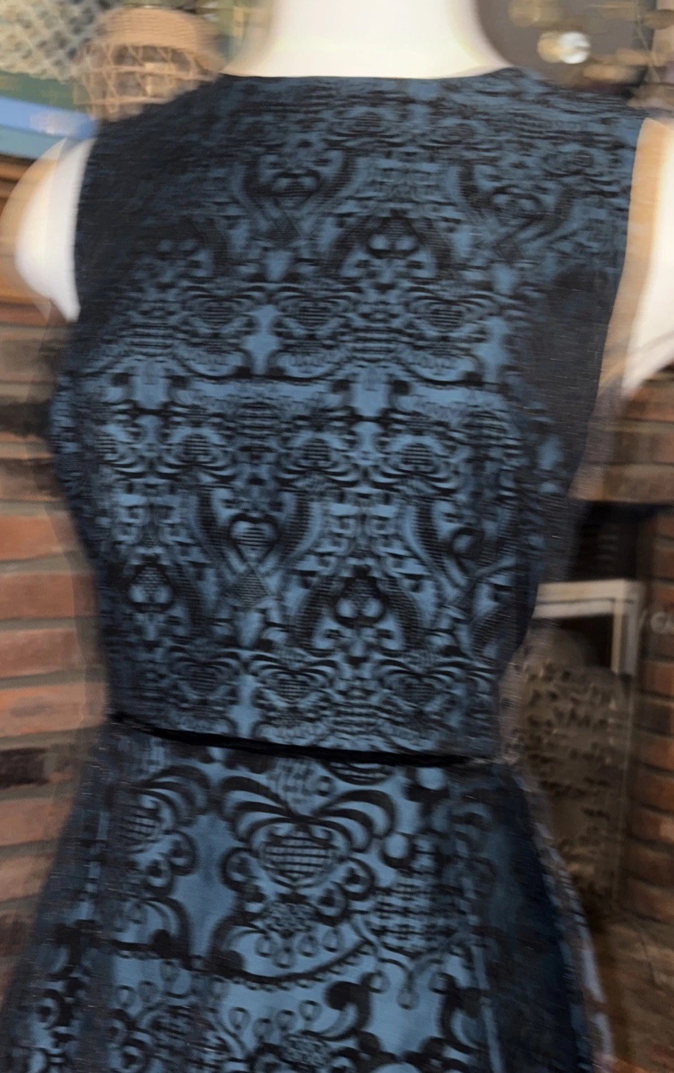 The Limited Floral Brocade Dress Jacquard Midi Sleeveless Fit Flare Teal & Black