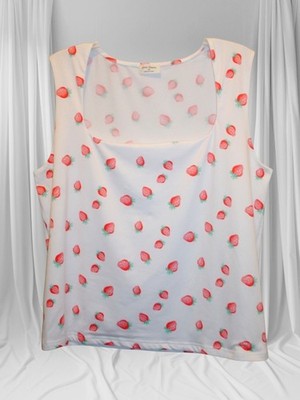 Free Kisses Women s Fits L -XL White Sleeveless Shell Knit Top with Strawberries