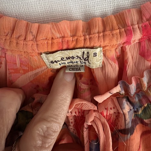 One World Bluse Flatterärmel Gr. S orange rosa Boho Hippie Blumen Oberteil Shirt  - Bild 3 von 9