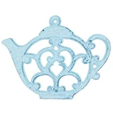 Handcrafted Nautical Decor Rustic Blue Whitewashed Cast Iron Round Teapot Trivet