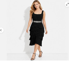 2pc Alex Evenings Black Midi Dress Rhinestone Waist Formal Cocktail & jacket 20W