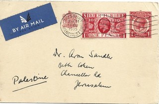 GB 1935 1d Downey P/S Card Uprated 1d SJ Didsbury Manchester CDS to Palestine