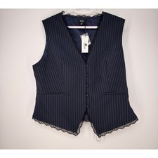 Nasty Gal Tailored Lace Hem Vest W 14 Navy Pinstripe Dark Academia Goth Coquette