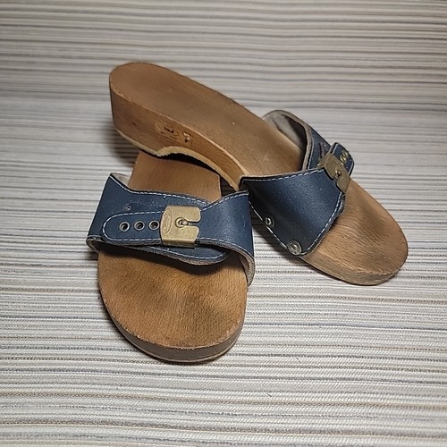 Vintage 70s Dr Scholls Original Wood Exercise Sandals Sz 7 Austria Blue - Picture 16 of 16