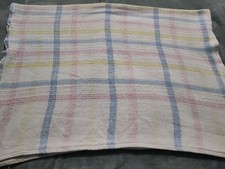 Vintage Woven Baby Blanket Pastel Plaid Pink Blue Yellow Open Weave Waffle