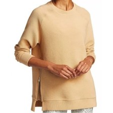 Varley Manning Sweatshirt Side Zip Crewneck Ragland Sleeve Ribbed Tan Med