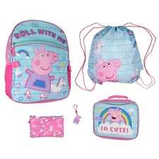 Peppa Pig Backpack Lunch Box Drawstring Bag Keychain Pencil Case 5 Piece Set