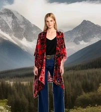 Johnny Was Red Bobcat Burnout Velvet Shawl One Size Silk Rayon Bead Hem GORGEOUS