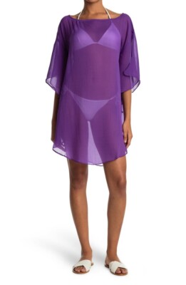 Echo Womens Purple Short Sleeve Chiffon Caftan Cover Up Swimwear Sz S NWT