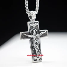 New Mens Stainless Steel Jesus Christ Face Crucifix Cross Pendant Necklace