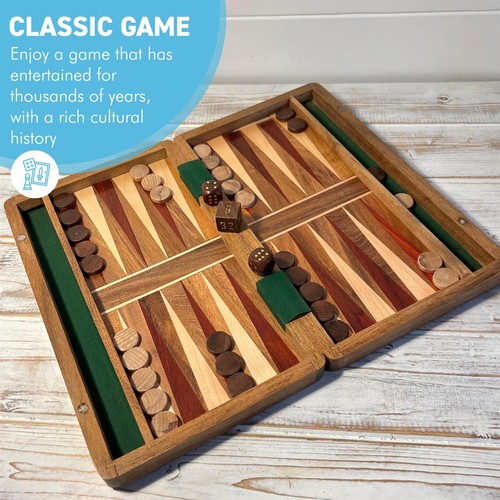 Set backgammon in legno intarsiato 36 cm x 30 cm gioco classico con pezzi e dadi - Foto 5 di 7