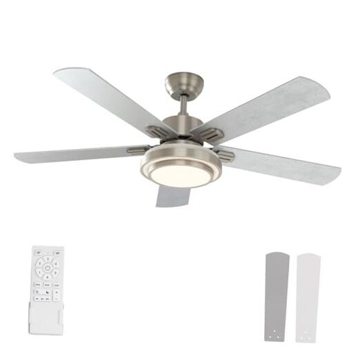 52 Inch Brushed Nickel Ceiling Fan with Lights and Remote Control in 5 Silver Blades-image