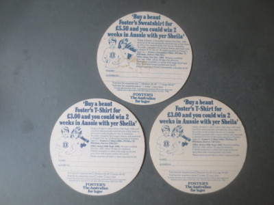 3 different issues  FOSTERS DRAUGHT / 1982 & 1983 Competitions beer  COASTERS 