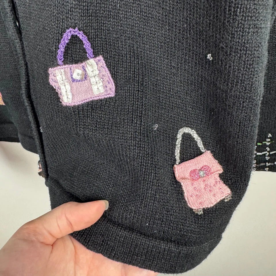 Storybook Knits Womens Embellished Cardigan Sz Large Black Jeweled Handbag Purse - Image 4 of 4