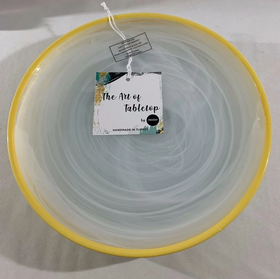 Set of 5 Turkish WHITE SWIRL GLASS SALAD PLATES w/Yellow Trim, 8 1/4" - NEW - Image 2 of 4