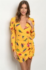 Yellow Print Long Sleeve Dress Size Medium Deep V Neck Slit Back 