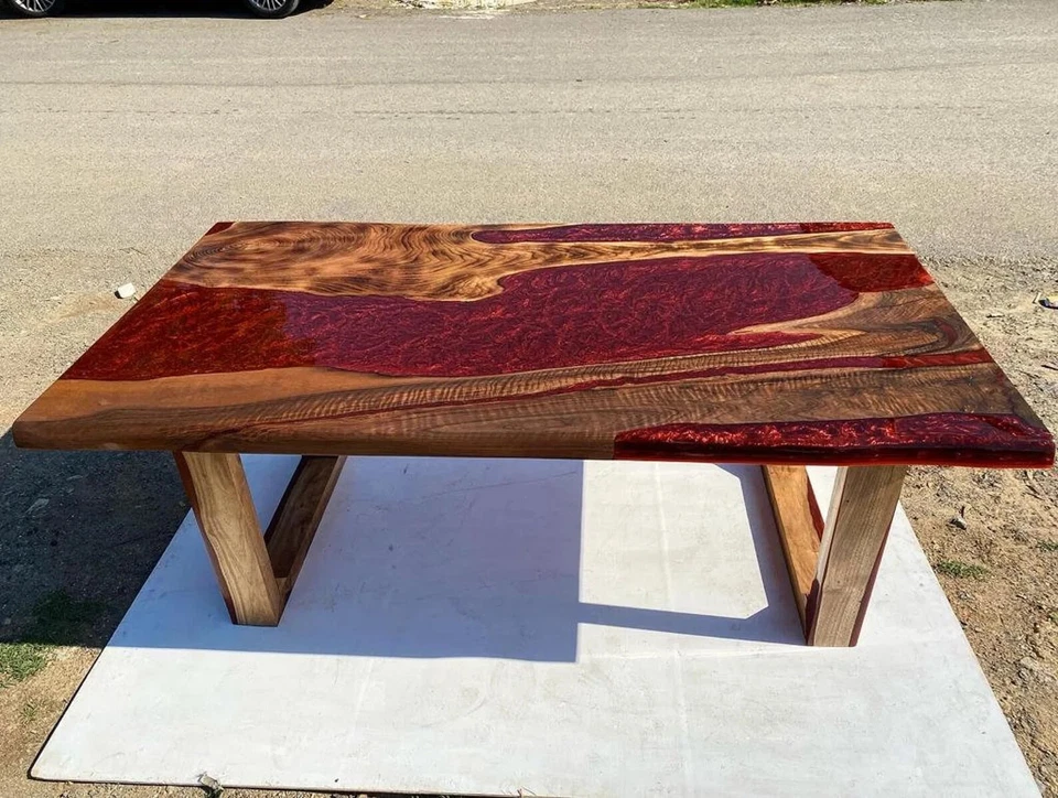 Custom Order Walnut Wood & Red Metallic Epoxy Table – Handmade Live Edge Table - Image 4 of 4