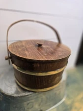 Antique vintage  WOODEN FIRKIN SUGAR BUCKET with Swing Handle and Lid