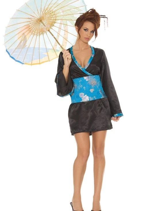 Fantasia japonesa vestido de cetim faixa floral azul PARASOL INCLUÍDO gueixa 9378 P/M - Imagem 2 de 3
