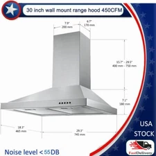 30 Inch Stainless Steel Wall Mounted Kitchen LED Lamp Range Hood Vent 450CFM New