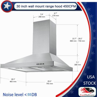 30 Inch Stainless Steel Wall Mounted Kitchen LED Lamp Range Hood Vent 450CFM New